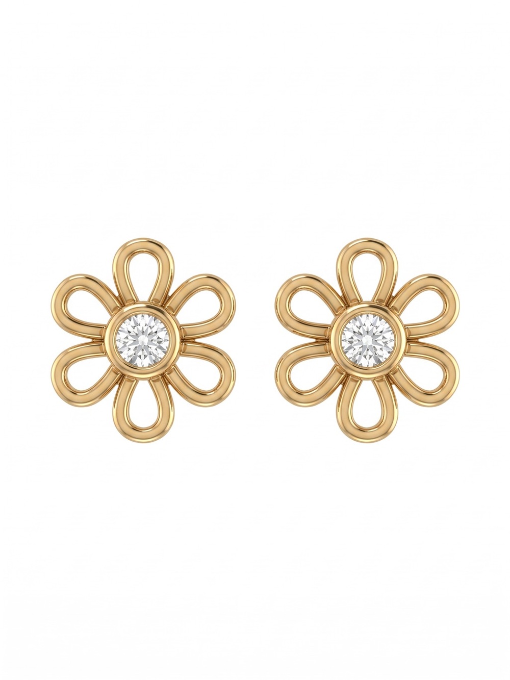 Gold Flower Stud Earrings with Center Stone